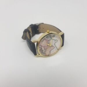 World Map Fashionable Vintage Inspired Gold Bezel Black Faux Leather Wristwatch